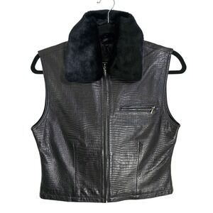 Saguaro Black Genuine Leather Crocodile Embossed Vest Faux Fur Collar‎ Small